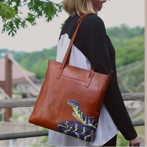 Rare Patricia Nash Brown Leather Tote with Snake Motif